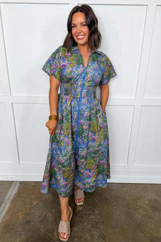 Best Selling Krissy Zip-U pMidi Dress in Blue Floral