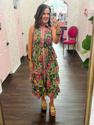 Vintage Bloom Pink & Olive Tie Waist Midi Dress