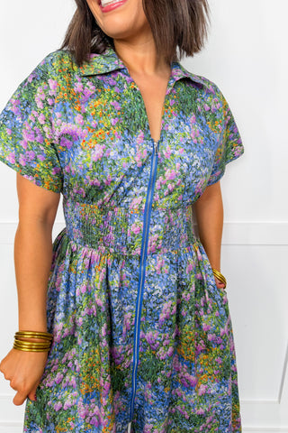 Best Selling Krissy Zip-Up Midi Dress in Blue Floral