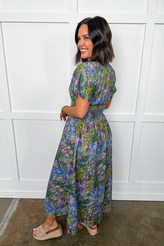 Best Selling Krissy Zip-Up Midi Dress in Blue Floral