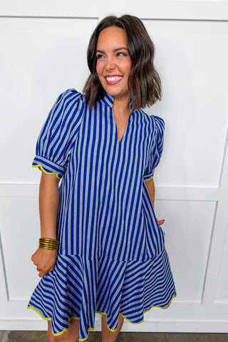 Blue Bell Stripe Dress With Chartreuse Detail Trim