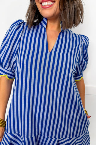 Blue Bell Stripe Dress With Chartreuse Detail Trim