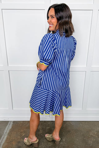 Blue Bell Stripe Dress With Chartreuse Detail Trim