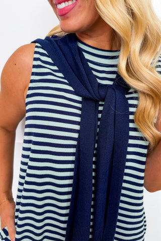 Preppy Girl Dress With Cardigan Draped Across The Shoulders in Navy Stripes