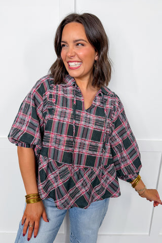 Hot Pink Deal - Plaid Peplum Top