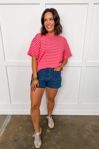 Red & Pink Ribbed Stripe Boyfriend Tee