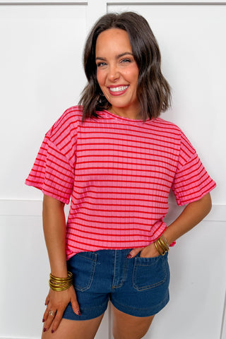 Red & Pink Ribbed Stripe Boyfriend Tee