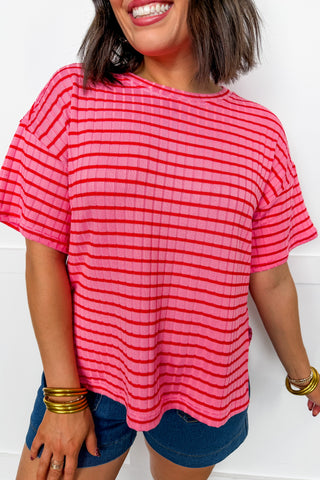 Red & Pink Ribbed Stripe Boyfriend Tee