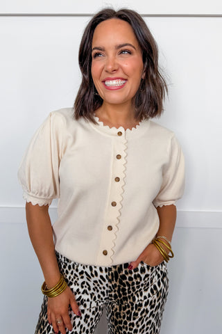 The Scalloped Sweetheart Button Front Top in Cream