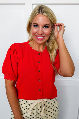 The Scalloped Sweetheart Button Front Top in Red