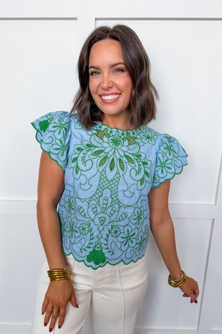 The Secret Garden Blue + Green Embroidered Top