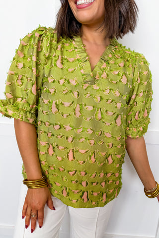 Green Frilly Delicate Pink Top