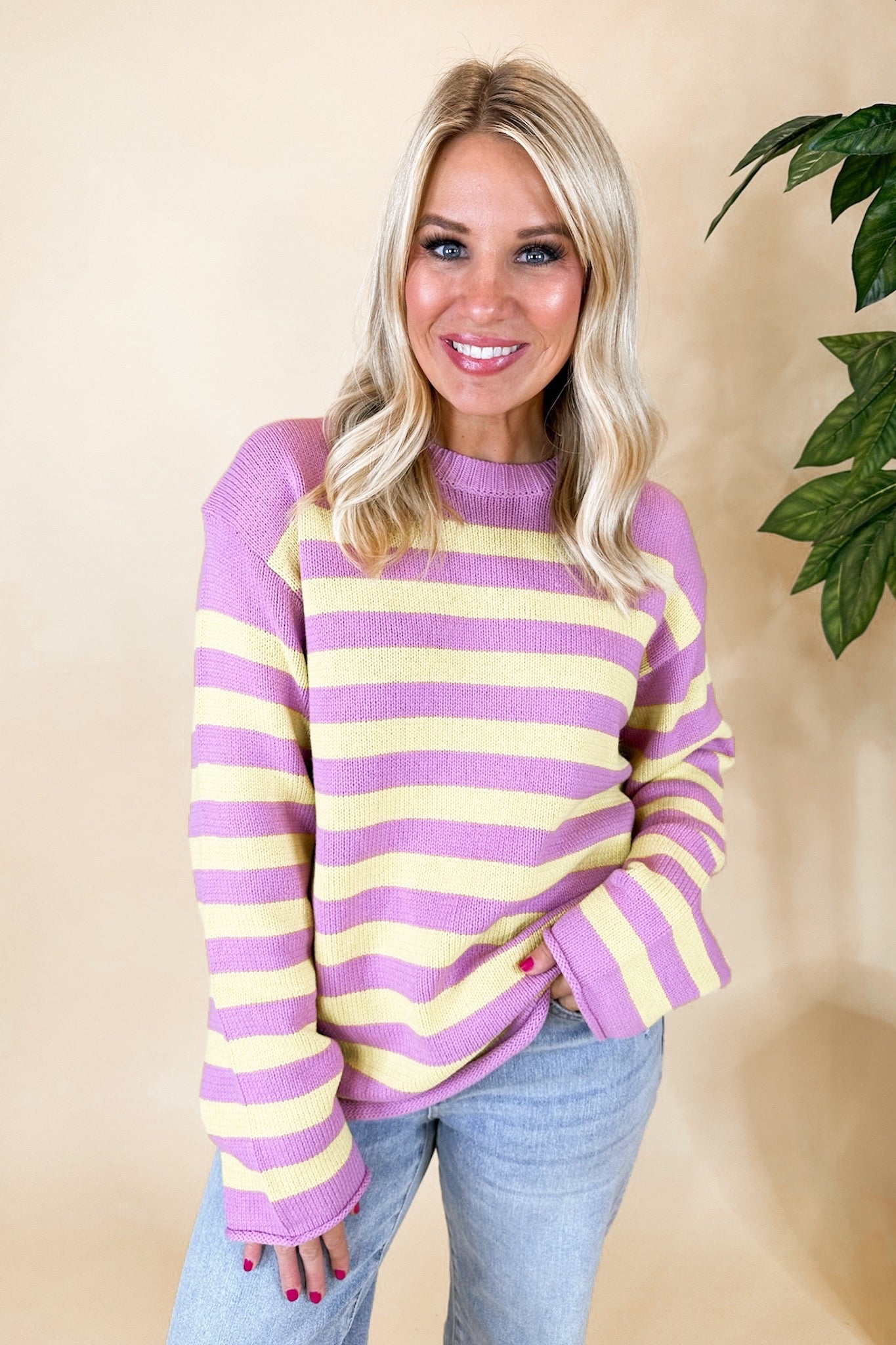 Vibrant Lilac & Yellow Stripe Rolled Trim Knit Sweater