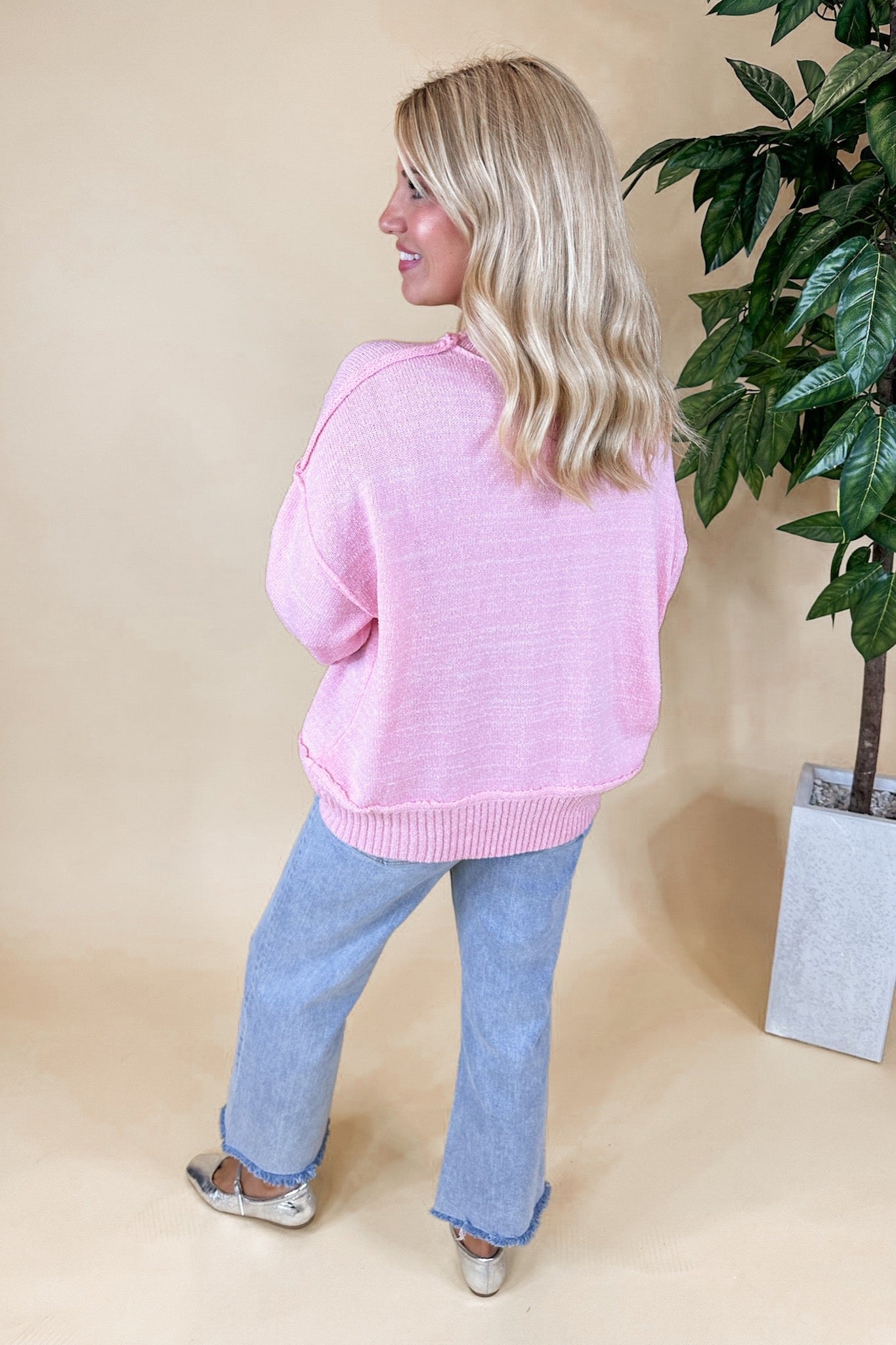 Exposed Seam Pink Cuffed Sleeve Knit Sweater