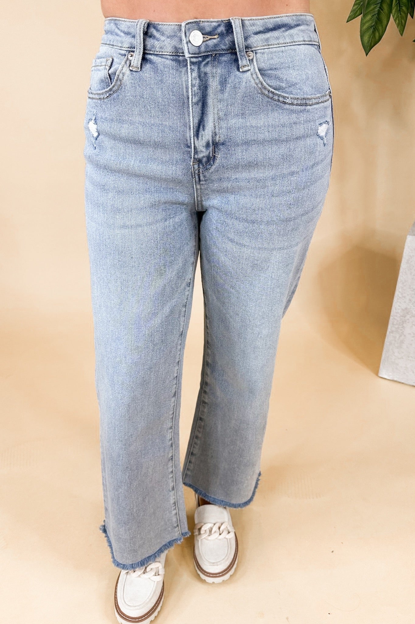 Light Wash High Rise Ankle Wide Leg Frayed Hem Mica Jeans