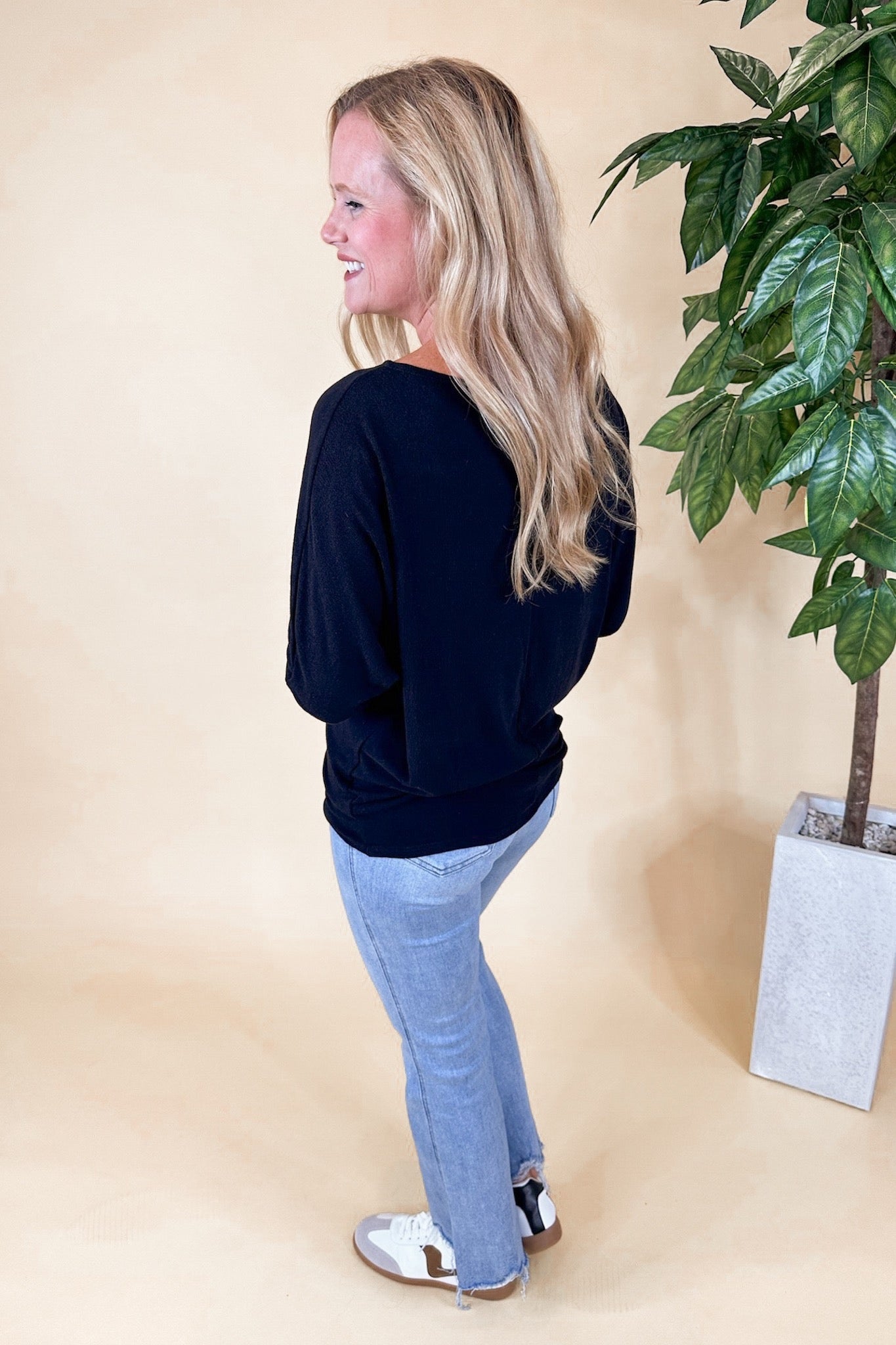 Black Dolman Sleeve Boat Neck Long Sleeve Top