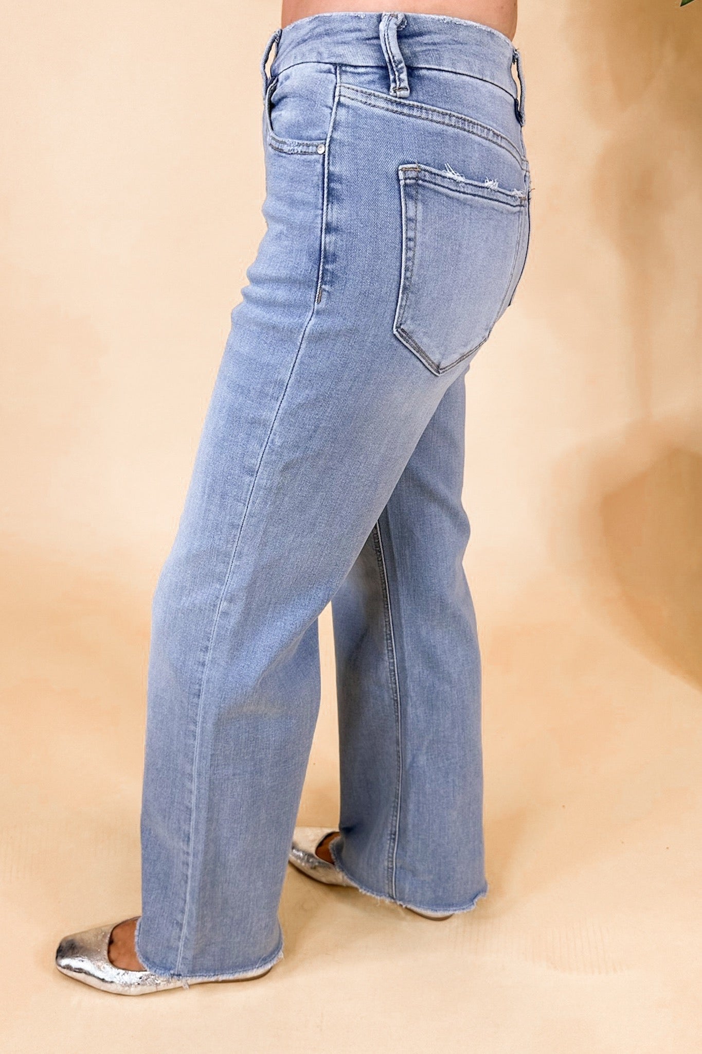 Light Wash Super High Rise Wide Leg Frayed Raw Hem Mica Jeans