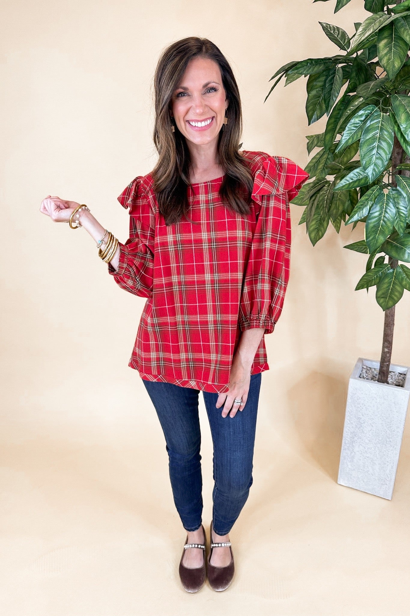 Ruffle Bubble Sleeve Red Plaid Scoop Neck Top