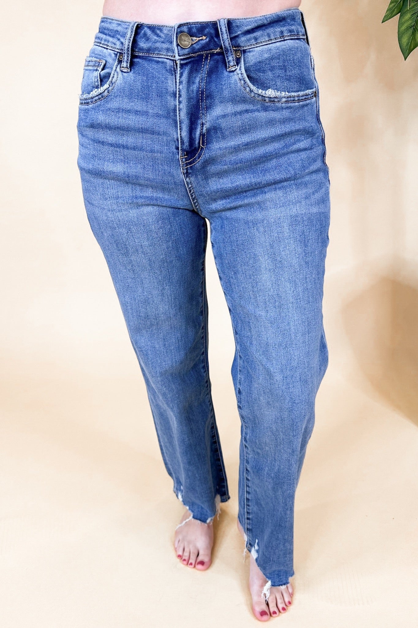 Medium Wash High Rise Wide Leg Frayed Hem Mica Jeans