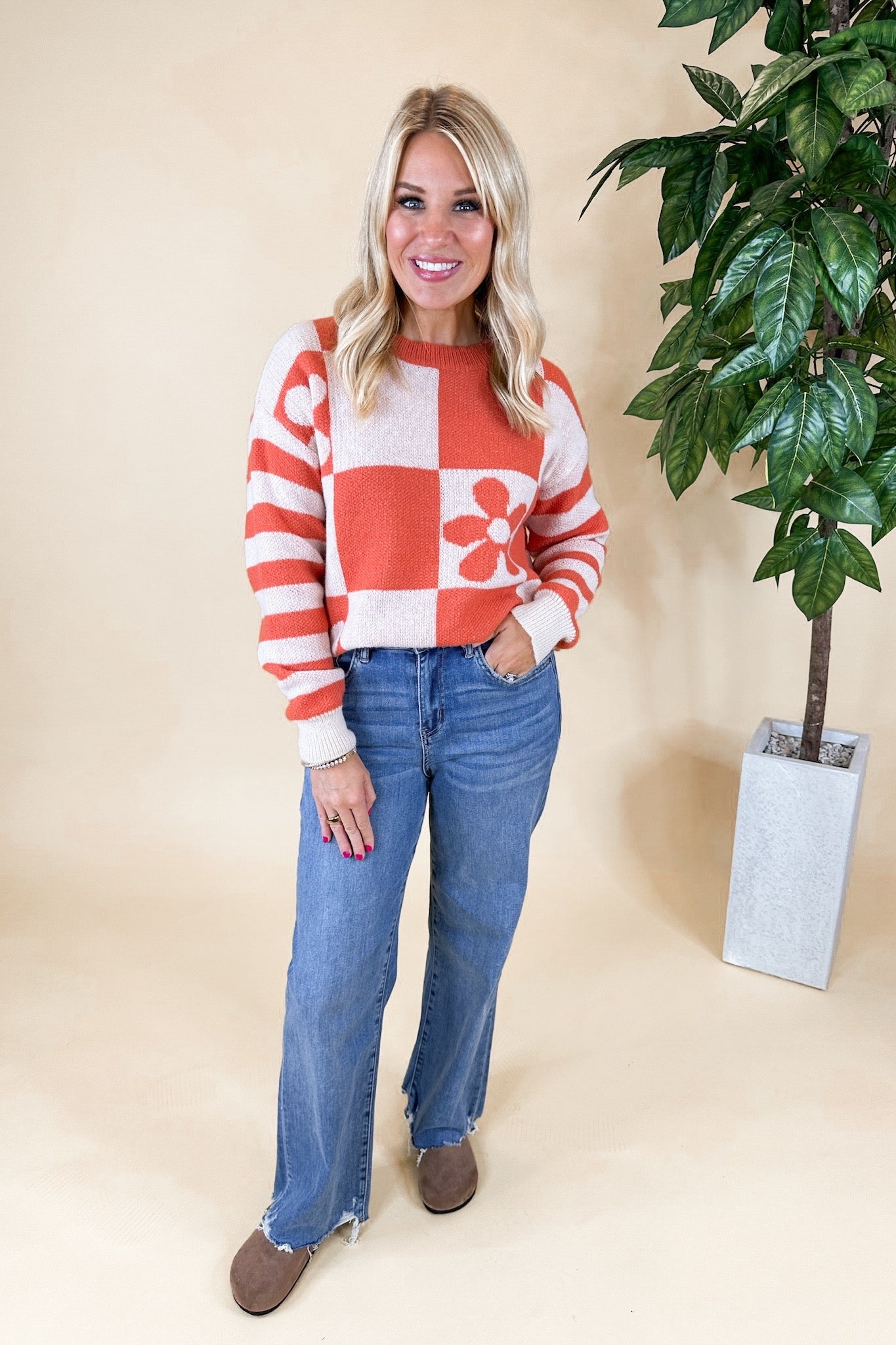 Retro Floral Checker Stripe Knit Rust Sweater