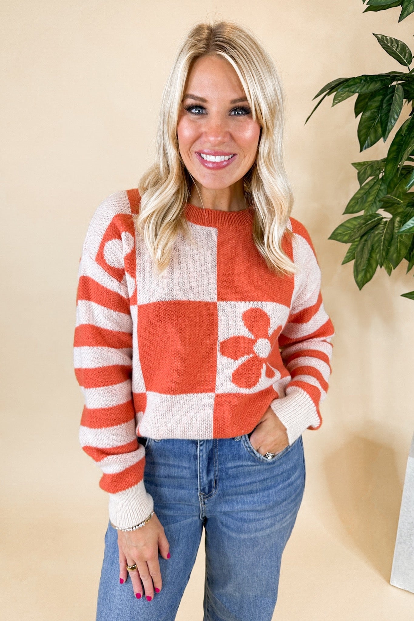 Retro Floral Checker Stripe Knit Rust Sweater