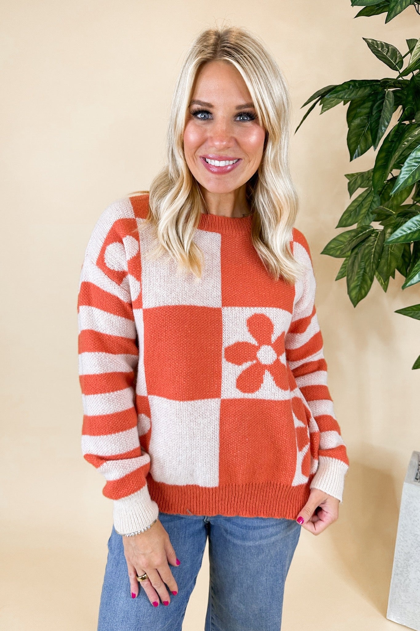 Retro Floral Checker Stripe Knit Rust Sweater