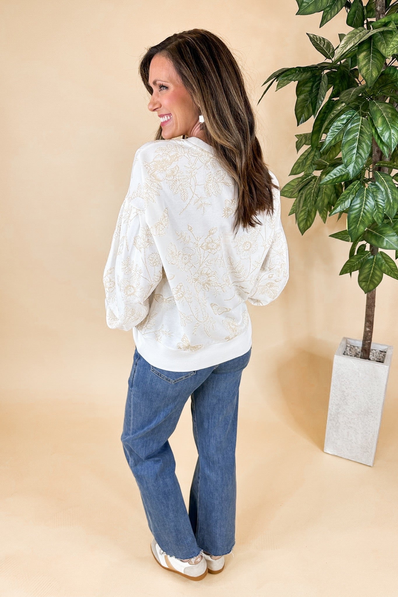 Gold & Ivory Floral Printed Balloon Sleeve Sweatshirt