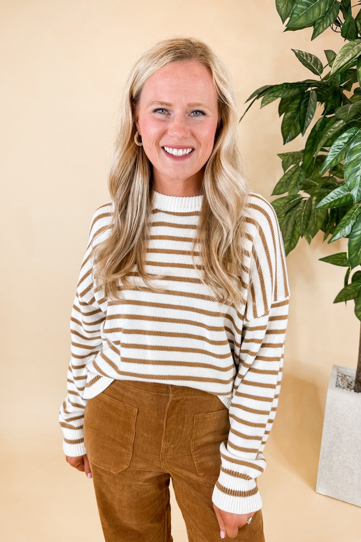 Cream & Cinnamon Brown Stripe Ribbed Trim Sweater