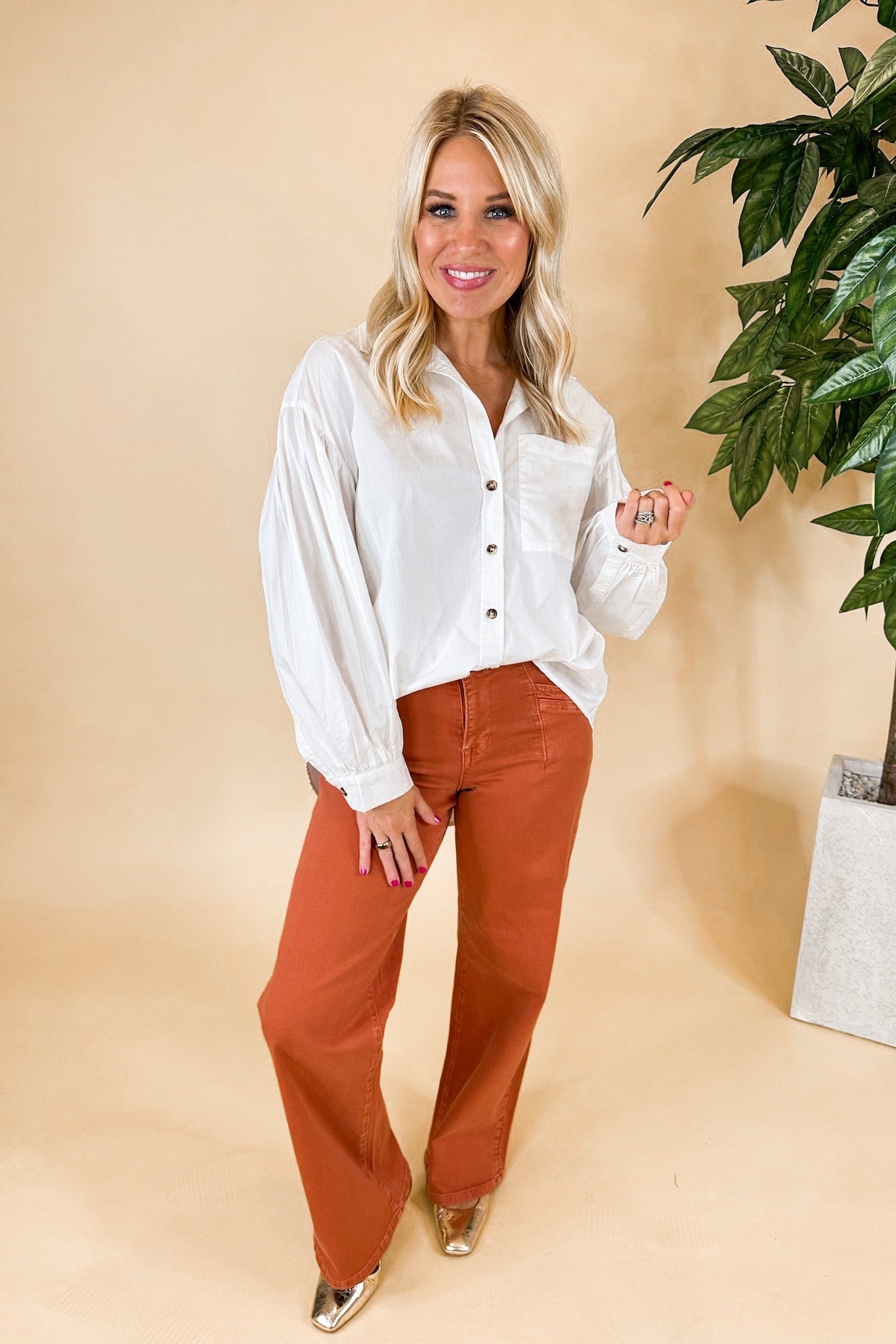 The Penny Super High Rise Wide Leg Mica Jeans in Rust Orange