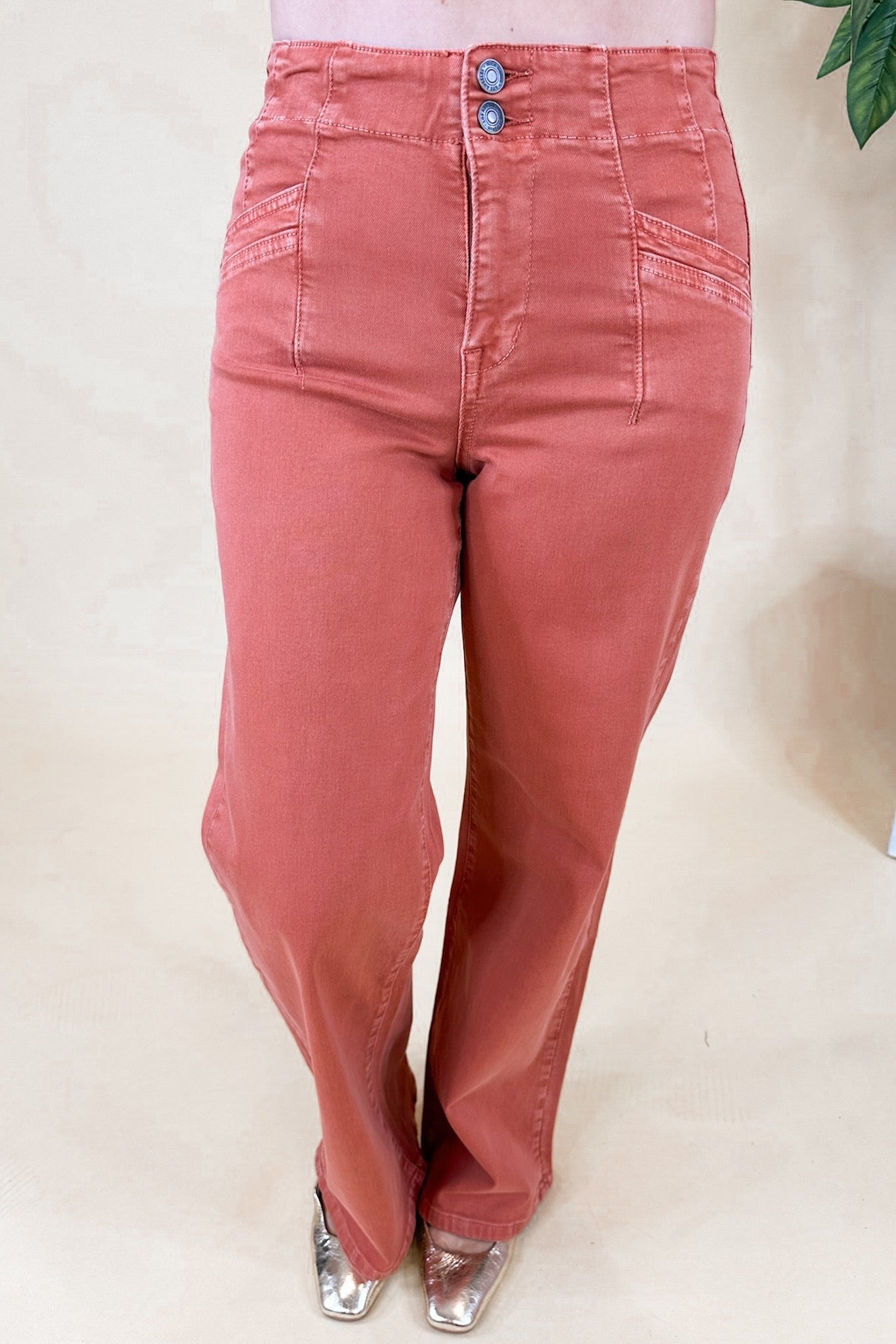 The Penny Super High Rise Wide Leg Mica Jeans in Rust Orange