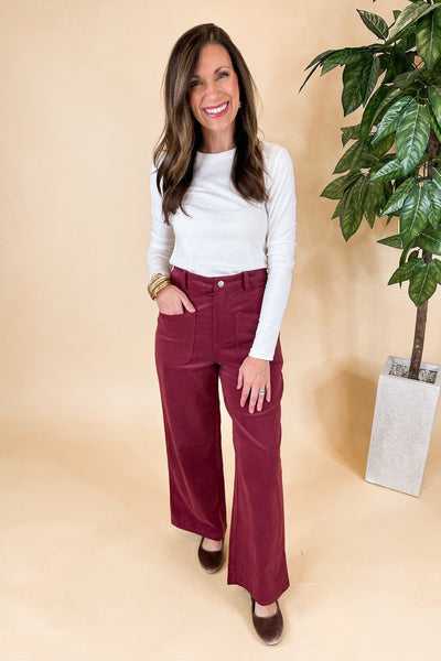 Cropped Patch Pocket Corduroy Wide Leg Pants in Berry – Jules & James  Boutique