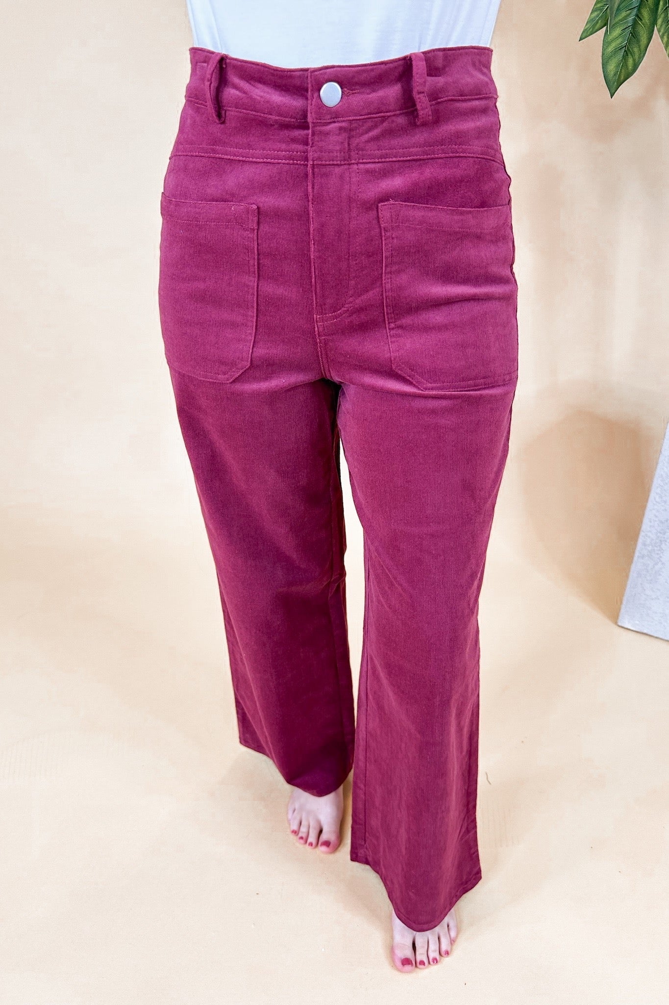 Cropped Patch Pocket Corduroy Wide Leg Pants in Berry