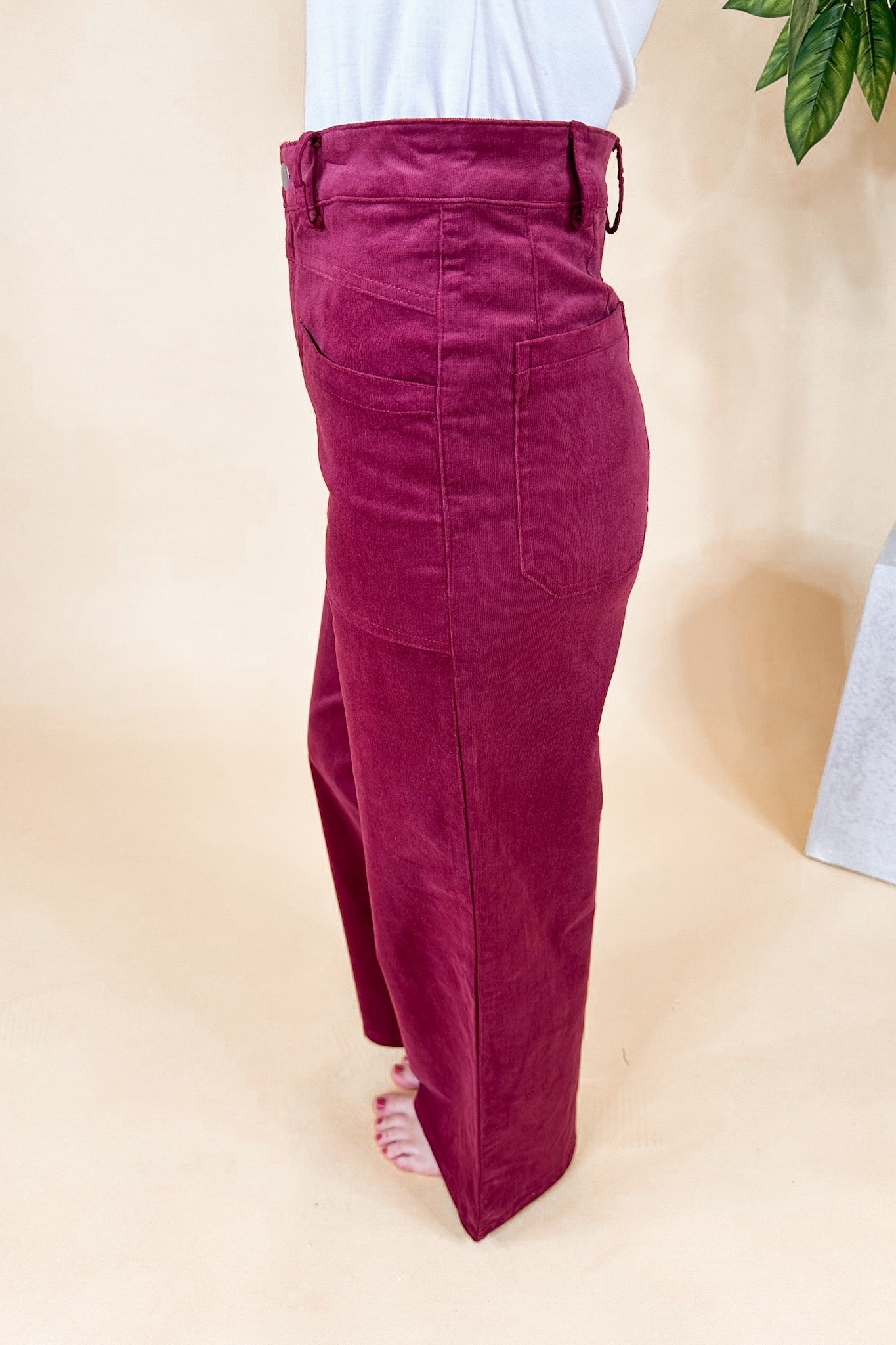 Cropped Patch Pocket Corduroy Wide Leg Pants in Berry