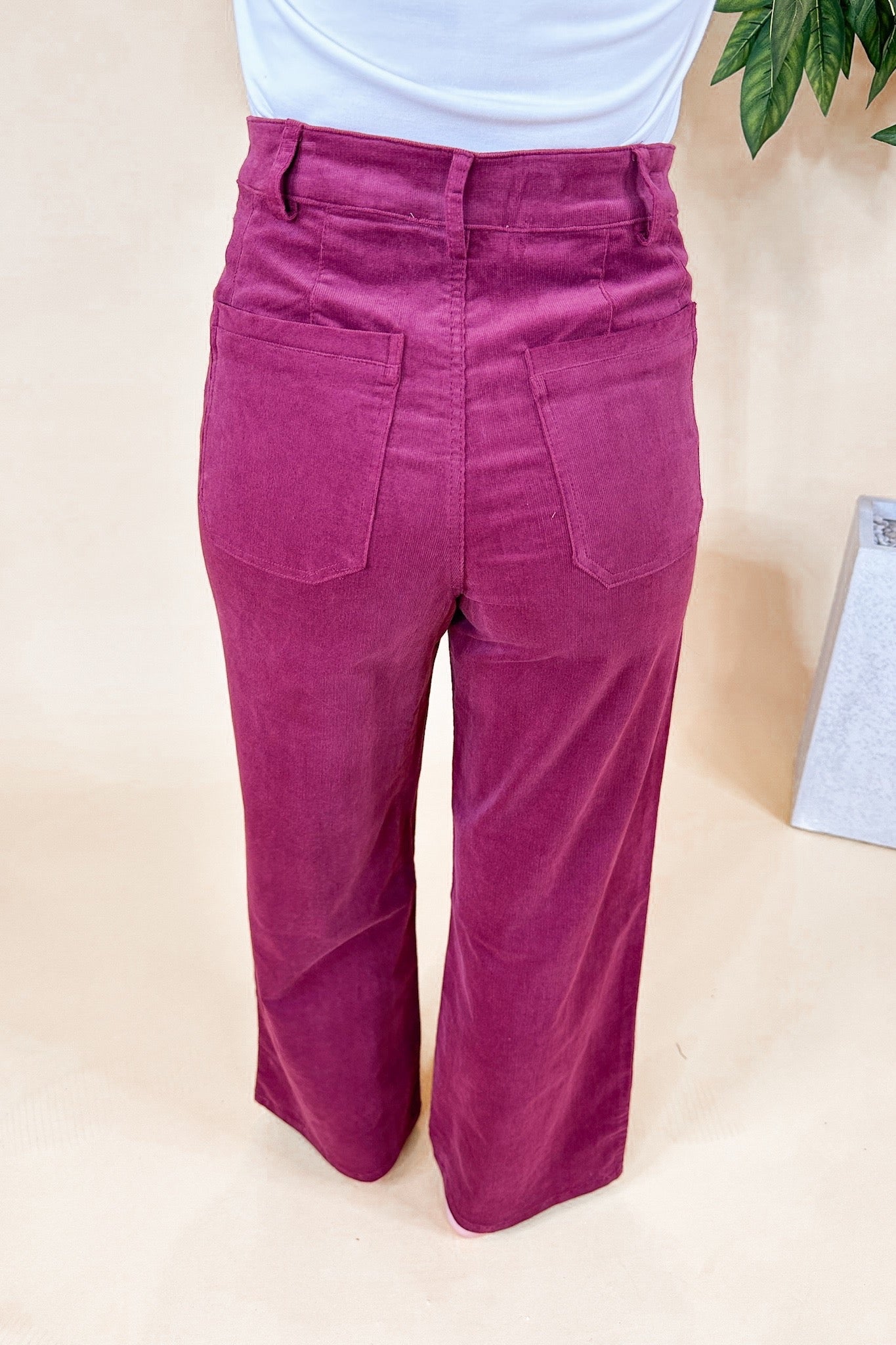 Cropped Patch Pocket Corduroy Wide Leg Pants in Berry