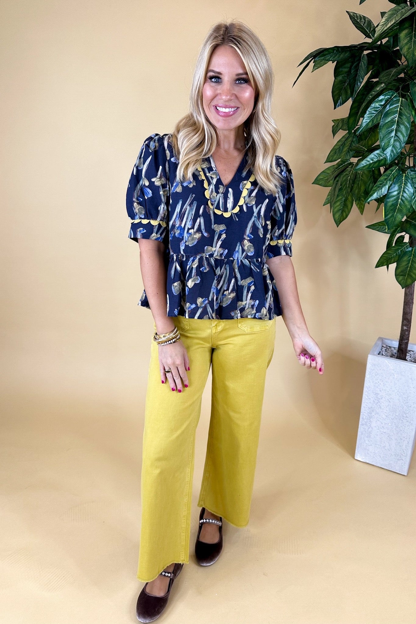 Yellow Scallop Trim Painted Floral Poplin Navy Top