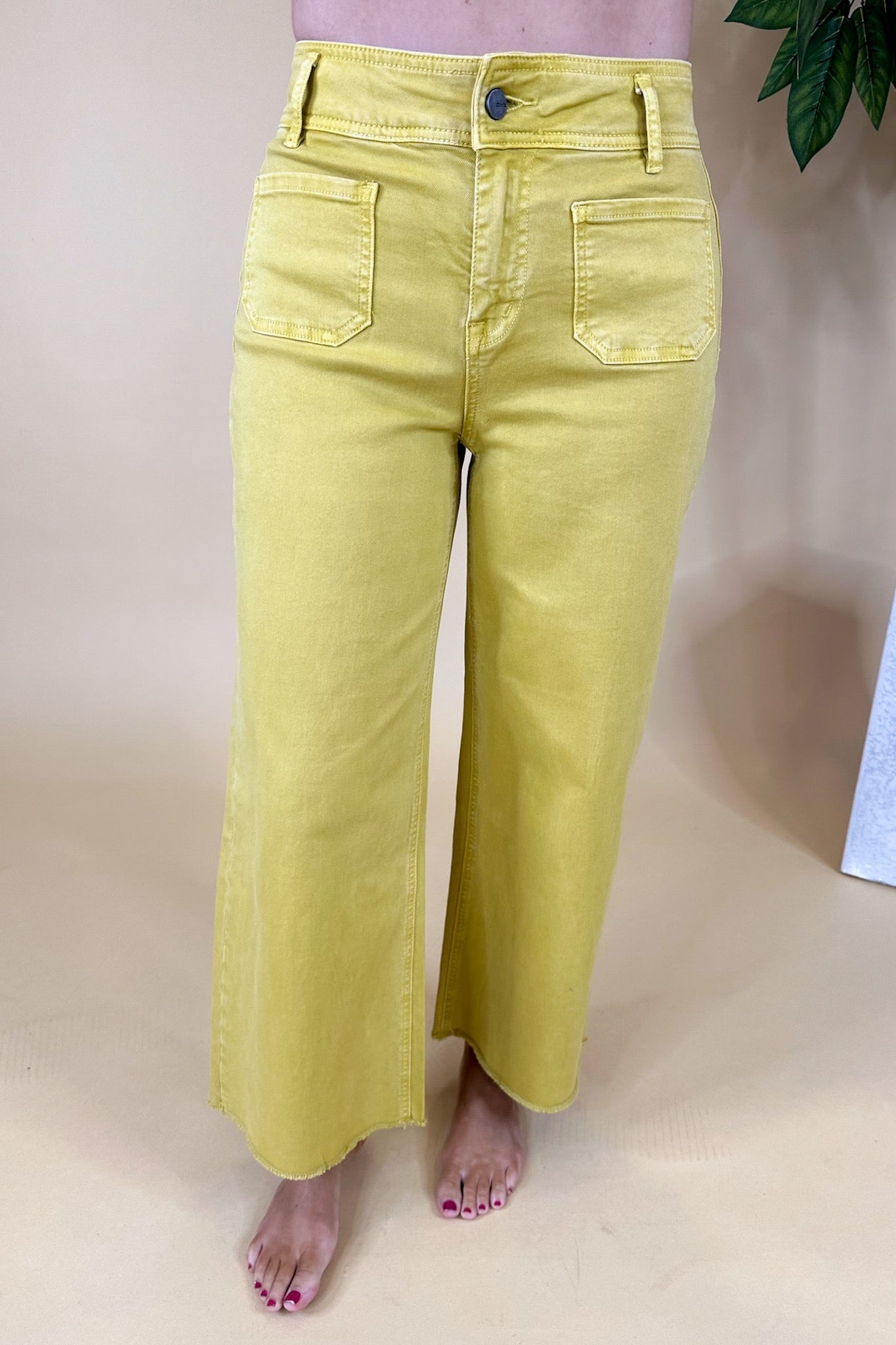 Mustard Yellow Super High Rise Patch Pocket Wide Leg Crop Mica Jeans