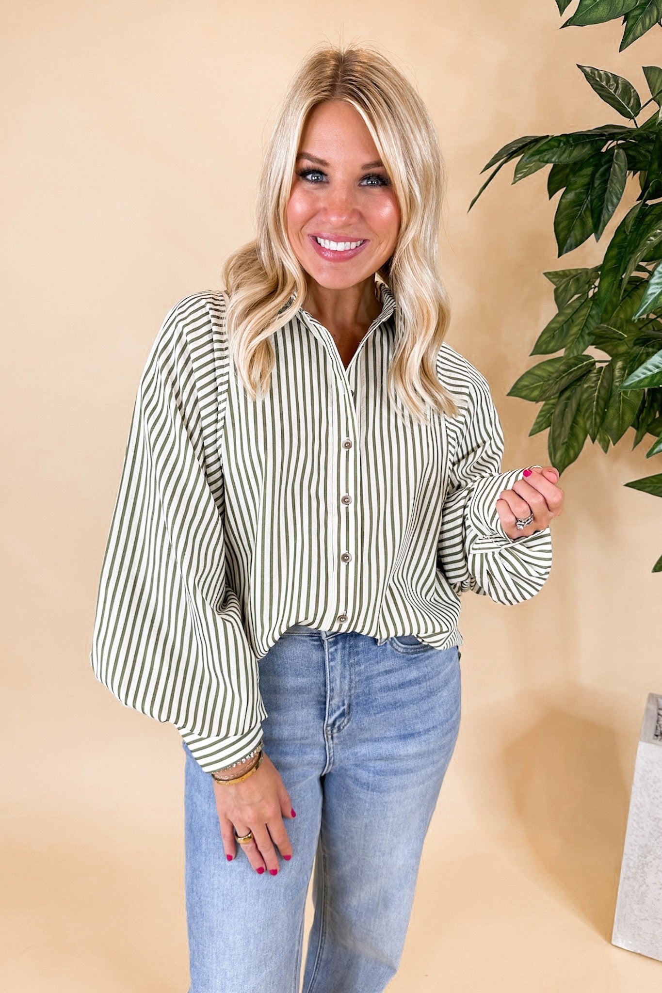 Olive Pin Stripe Button Down Dolman Sleeve Top