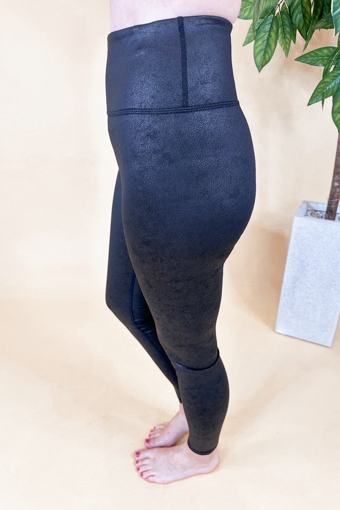 Black Faux Leather Designer Dupe Leggings with Hidden Pocket