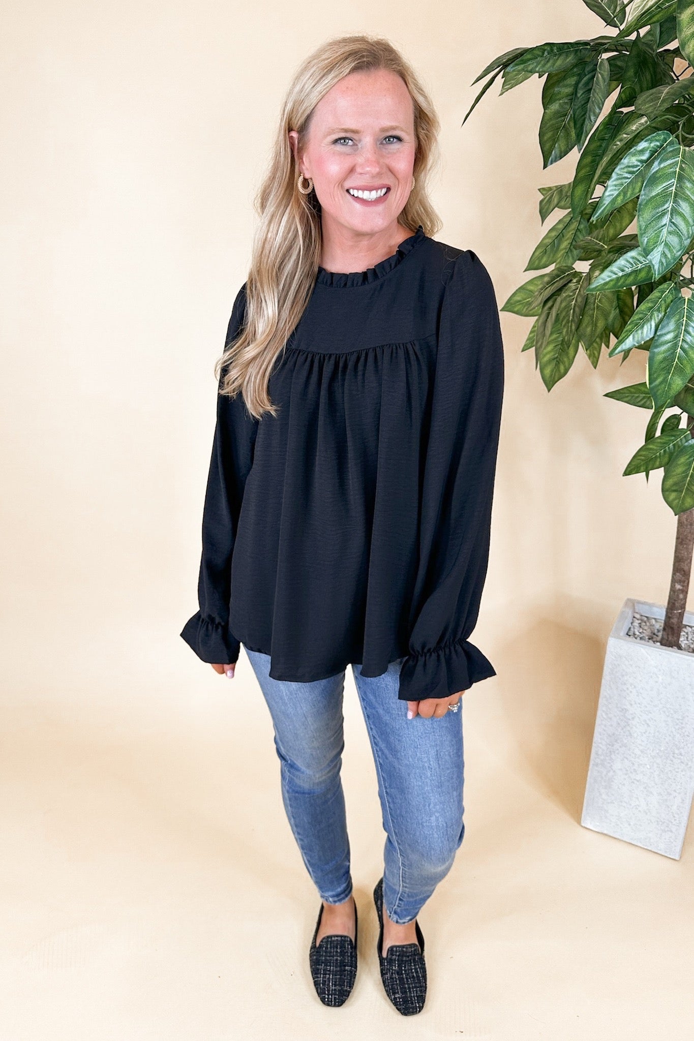 Closet Staple Ruffle Neck Poet Sleeve Top in Black