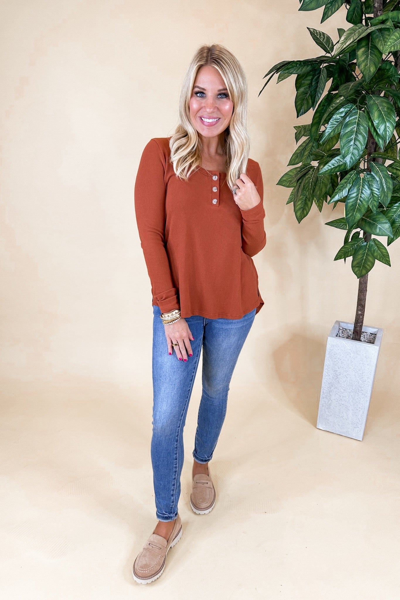 Ultra Soft Wood Button Layering Top in Rust