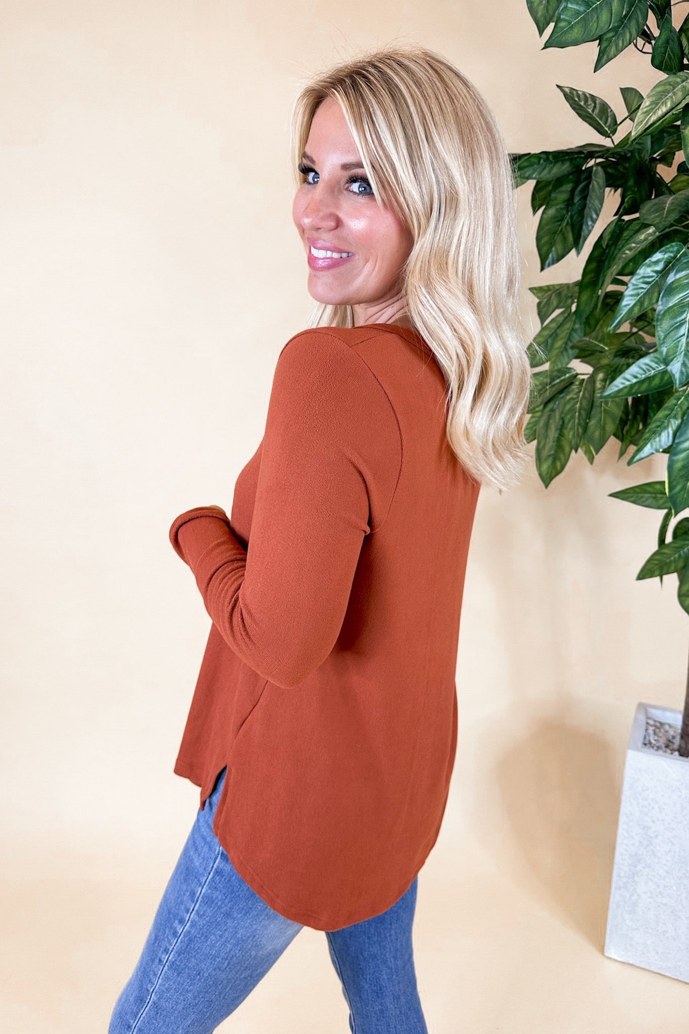 Ultra Soft Wood Button Layering Top in Rust