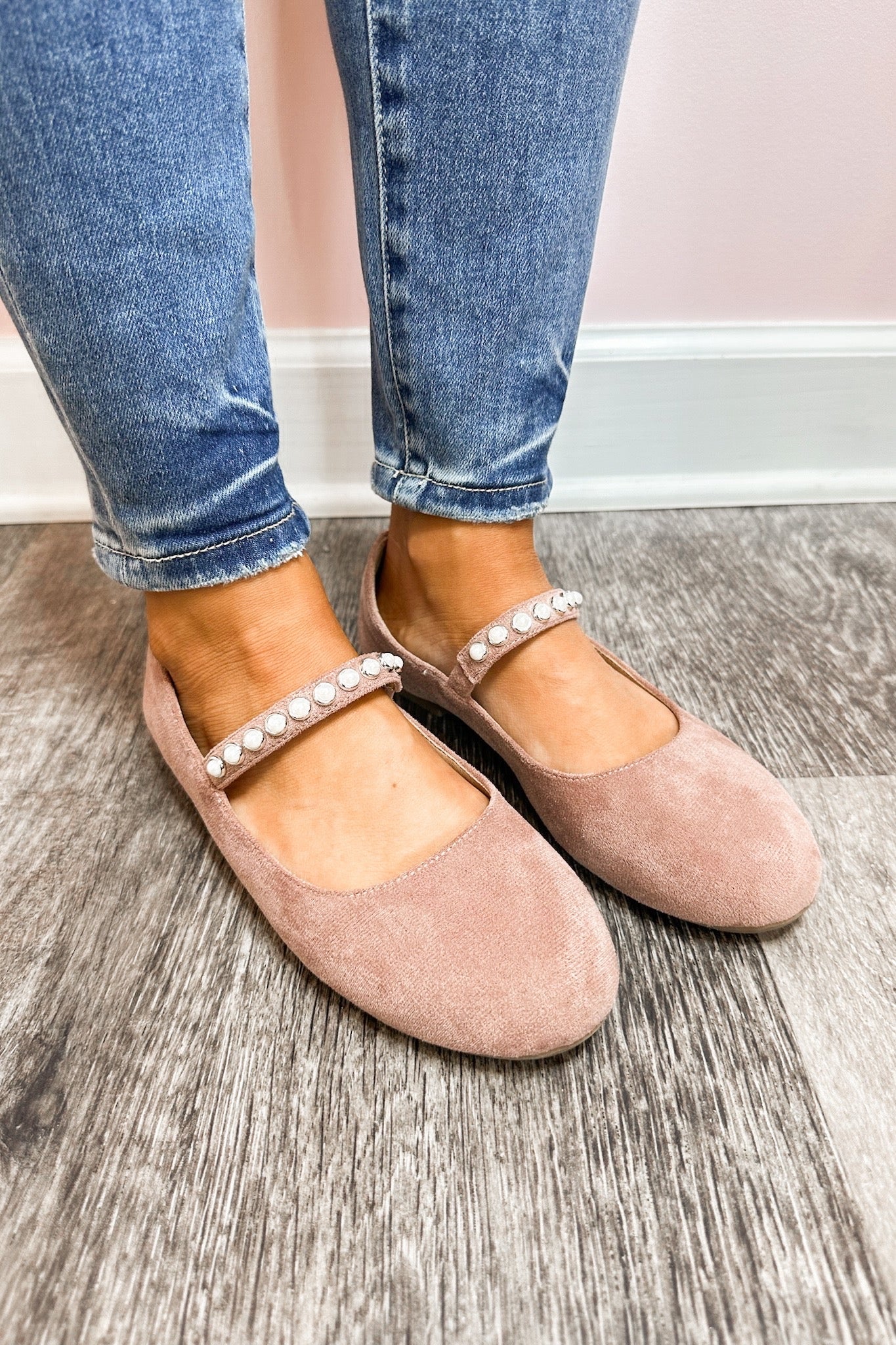 Pearl Studded Corkys Velvet Ballet Flats in Blush