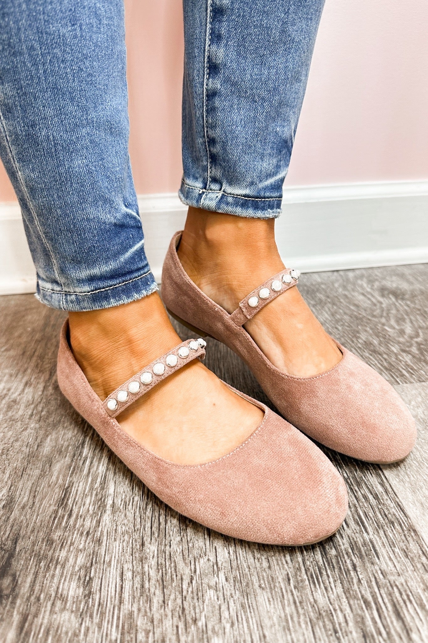 Pearl Studded Corkys Velvet Ballet Flats in Blush