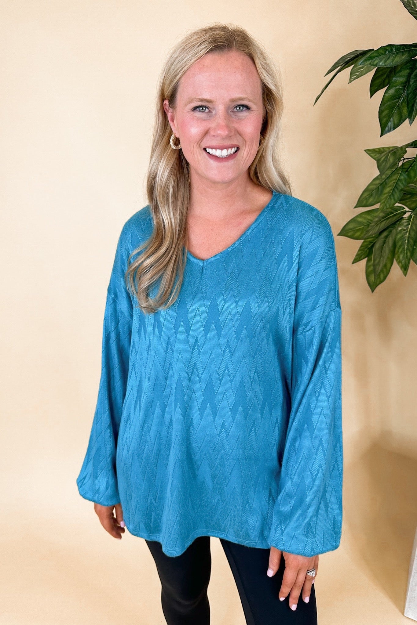 Teal Soft Textured Chevron V Neck Bubble Long Sleeve Top