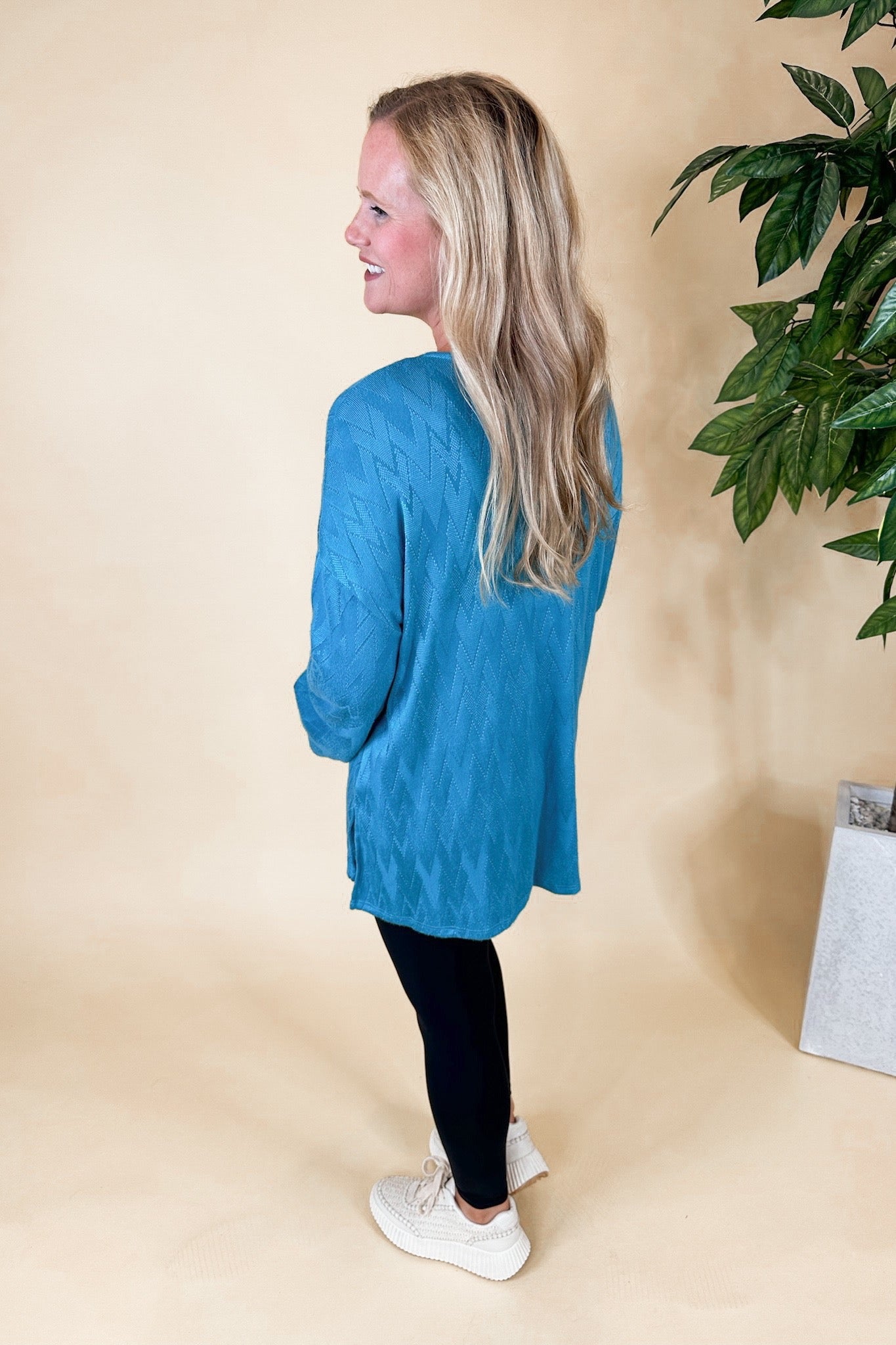 Teal Soft Textured Chevron V Neck Bubble Long Sleeve Top