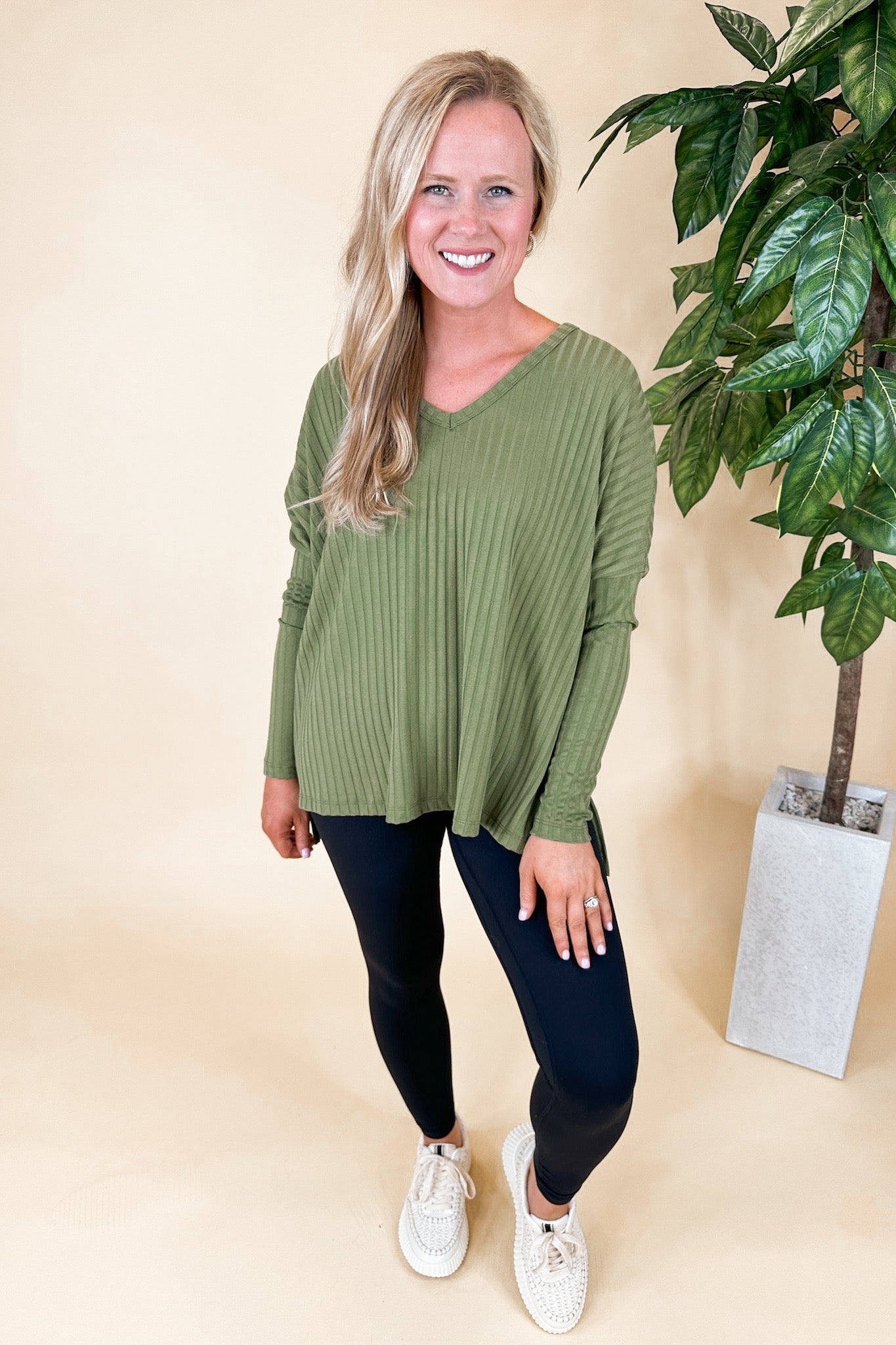 Olive Textured Stripe V Neck Long Sleeve Top