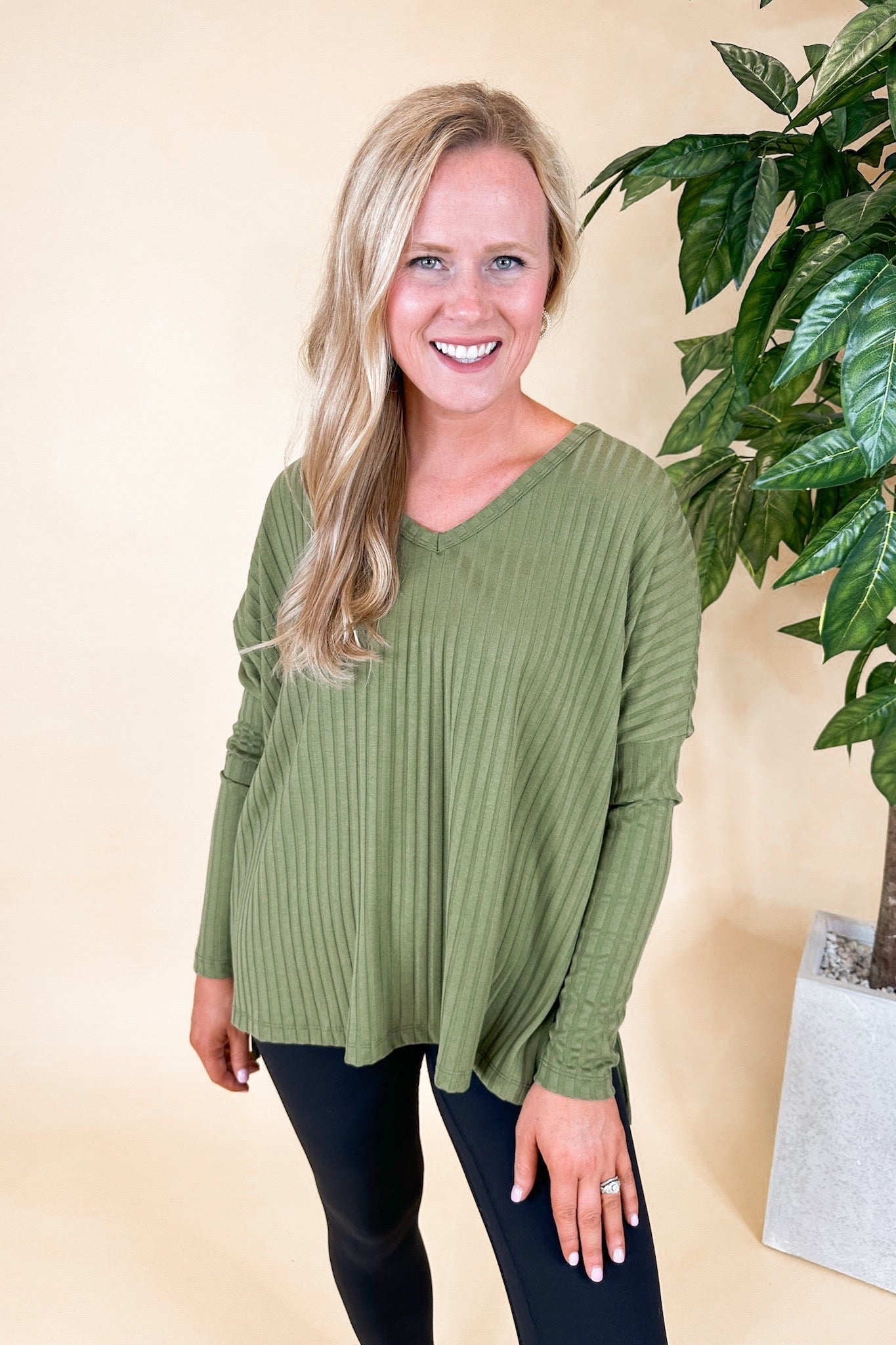 Olive Textured Stripe V Neck Long Sleeve Top