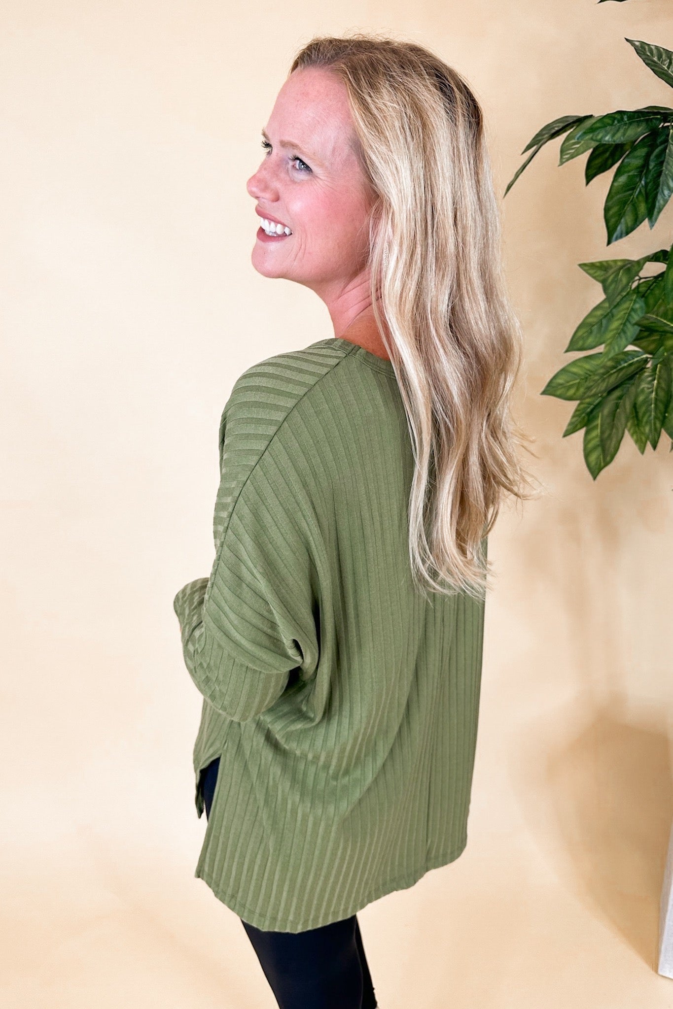 Olive Textured Stripe V Neck Long Sleeve Top