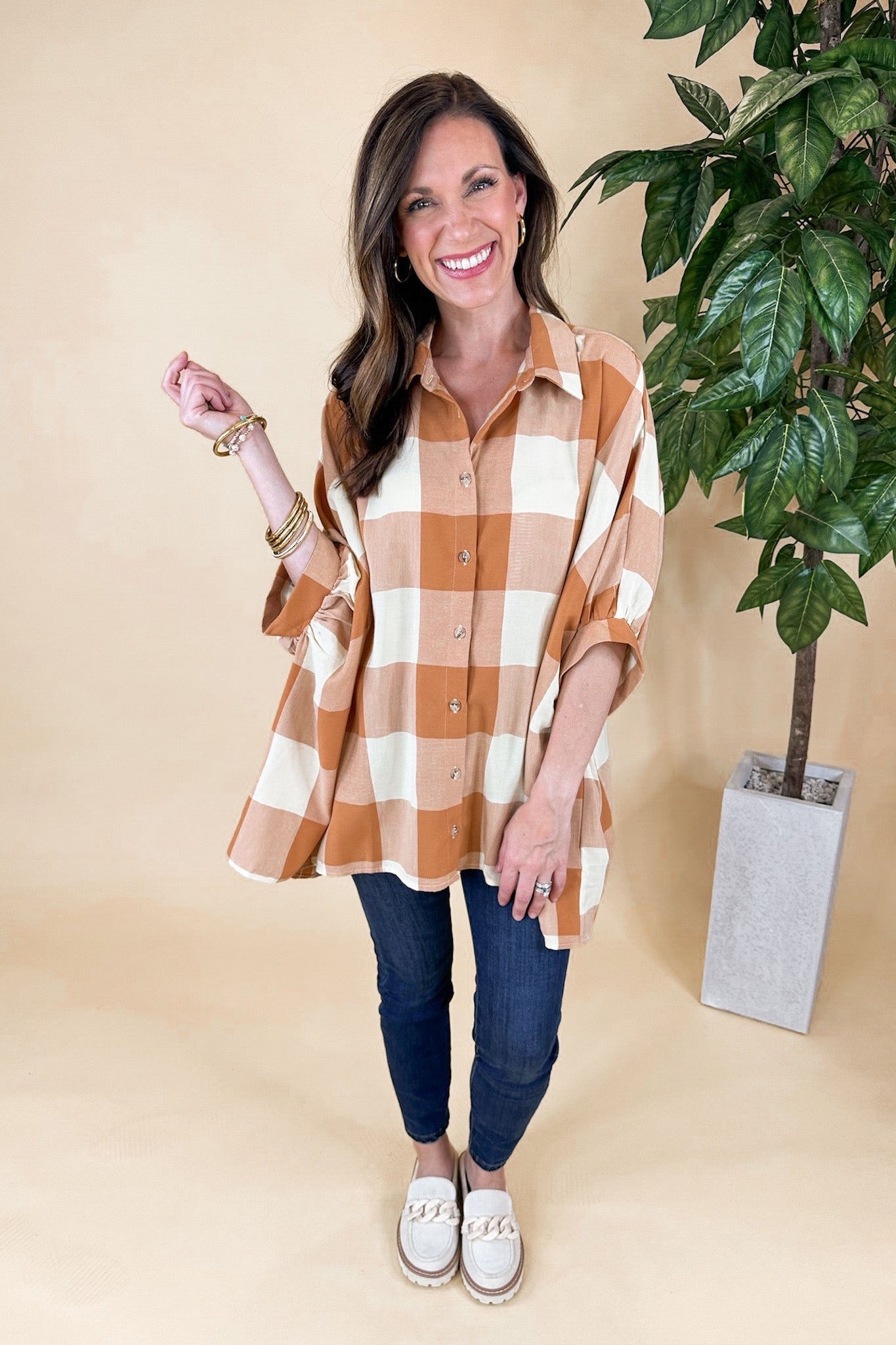 Gingham Button Down Poncho Top in Caramel