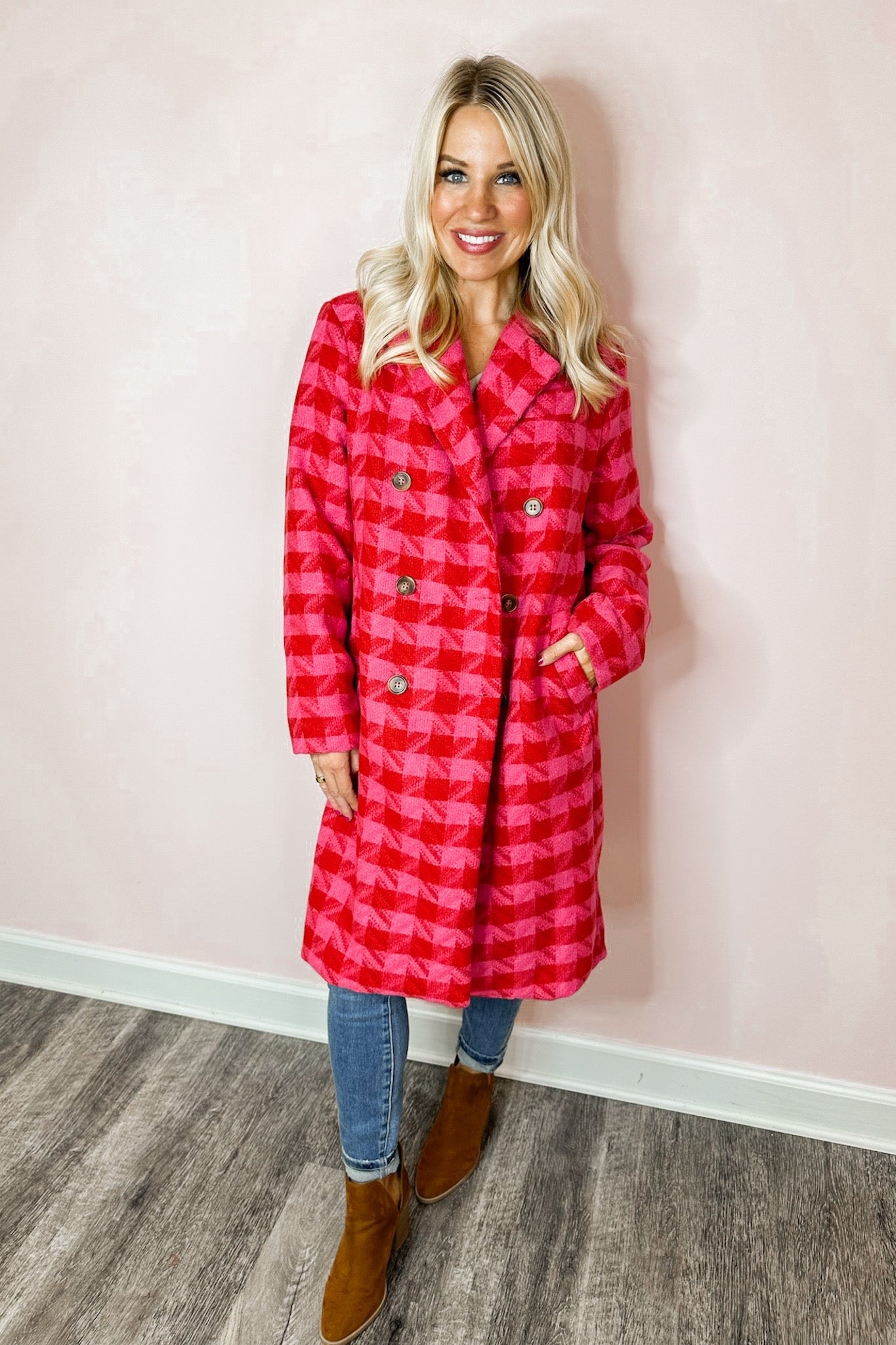 Pink & Red Gingham Faux Wool Pocketed Trench Coat